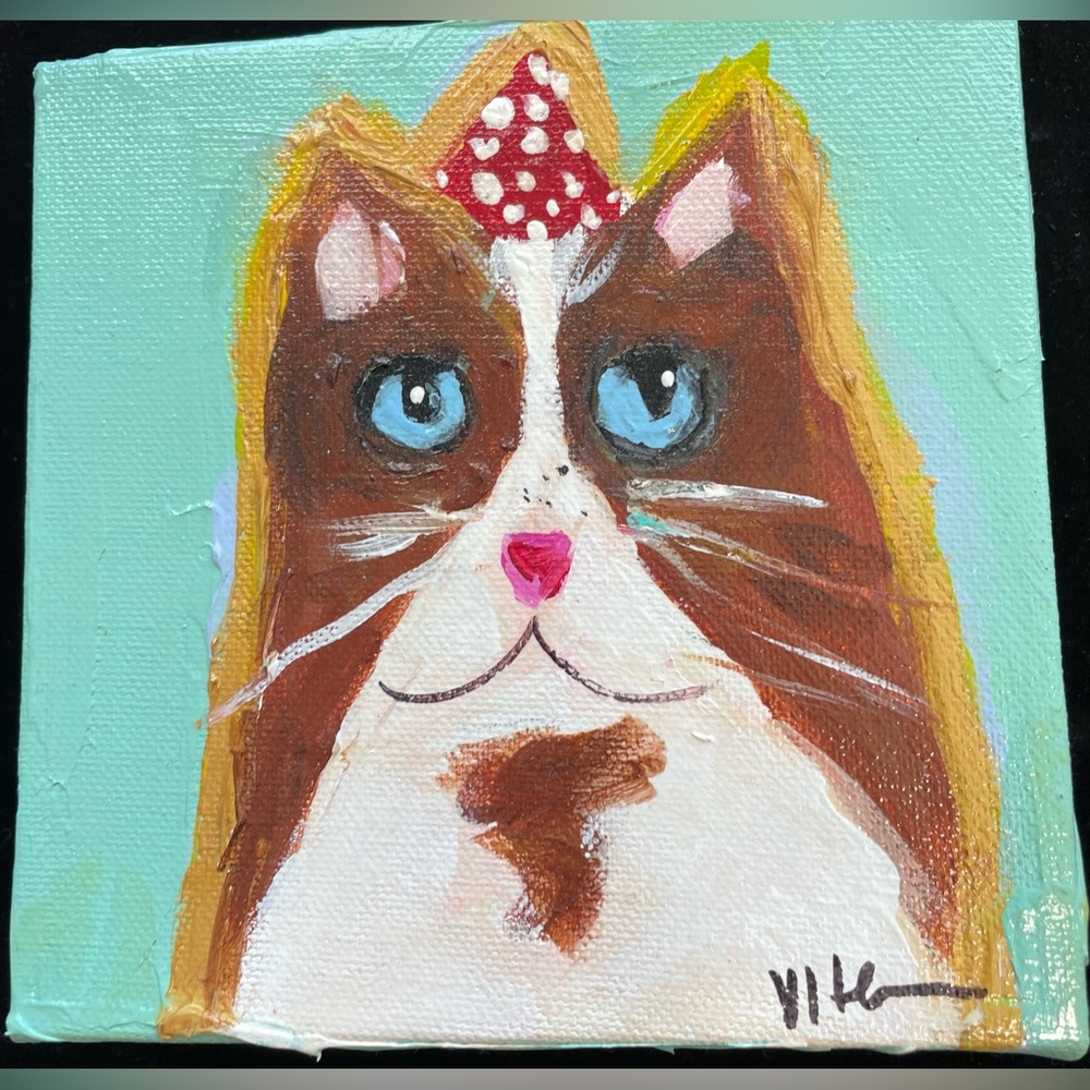 Handmade Cat On Turquoise 6” Square Acrylic Painting